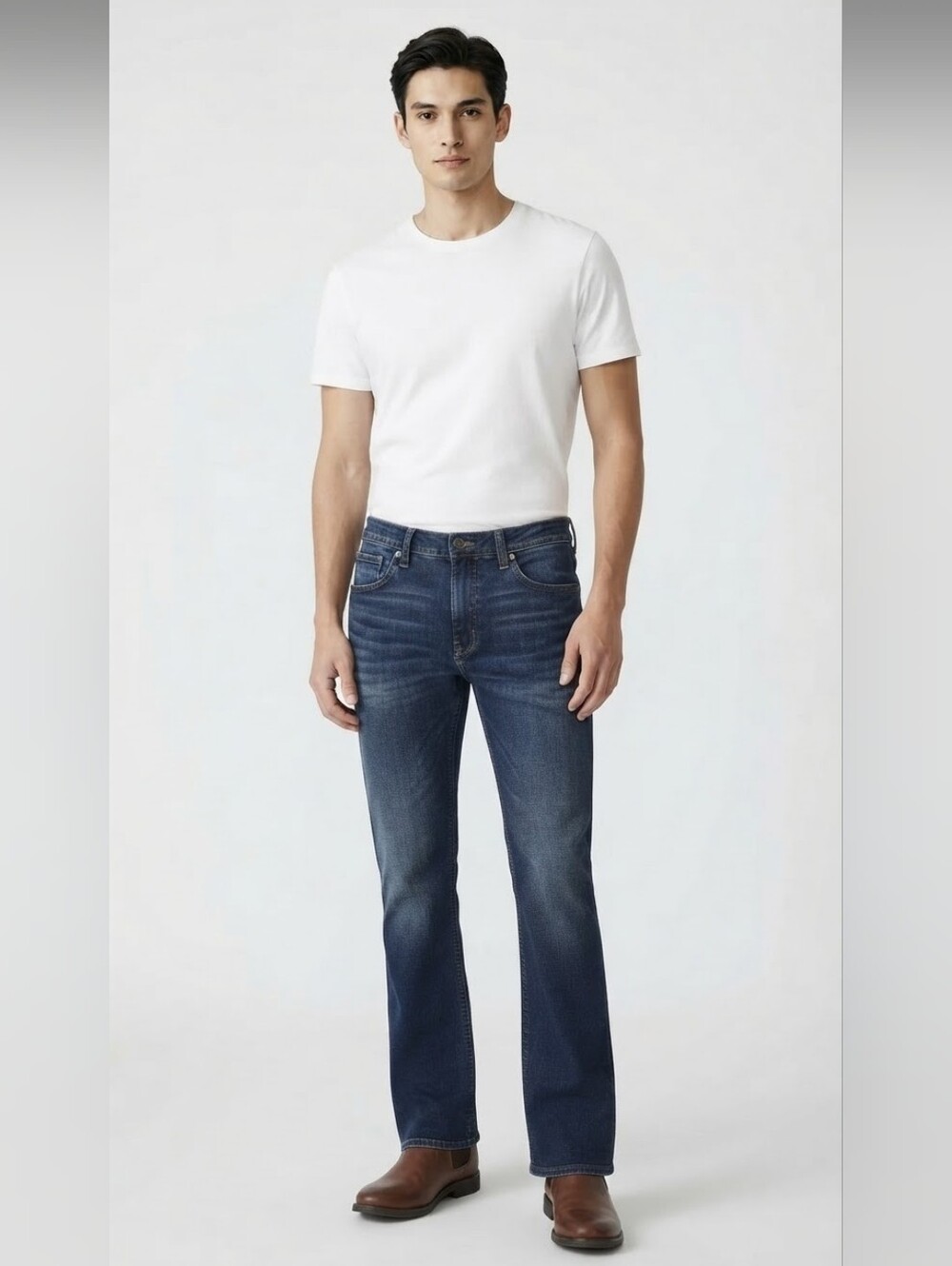 TK Axel Slim Boot Men's Distressed Jeans in Dark Blue. Read Description
